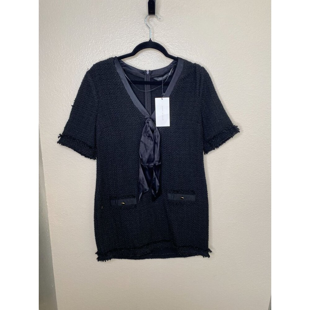 Zara Woman Black‎ Bow-Accent Textured Short Sleeve Dress Size S Acrylic